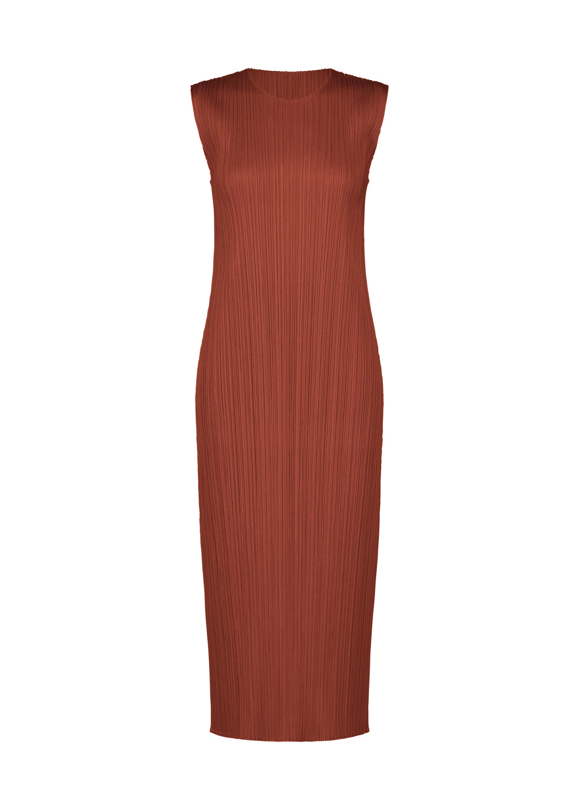 Zoomed view Introducing MONTHLY COLORS : SEPTEMBER by PLEATS PLEASE ISSEY MIYAKE—a sleeveless, rust-colored midi dress featuring a high neckline and pleated, textured fabric. Its gentle tones and simple, straight silhouette make it perfect for transitional seasons, while the clean design without visible embellishments ensures a timeless appeal. - RED BROWN （no.49）