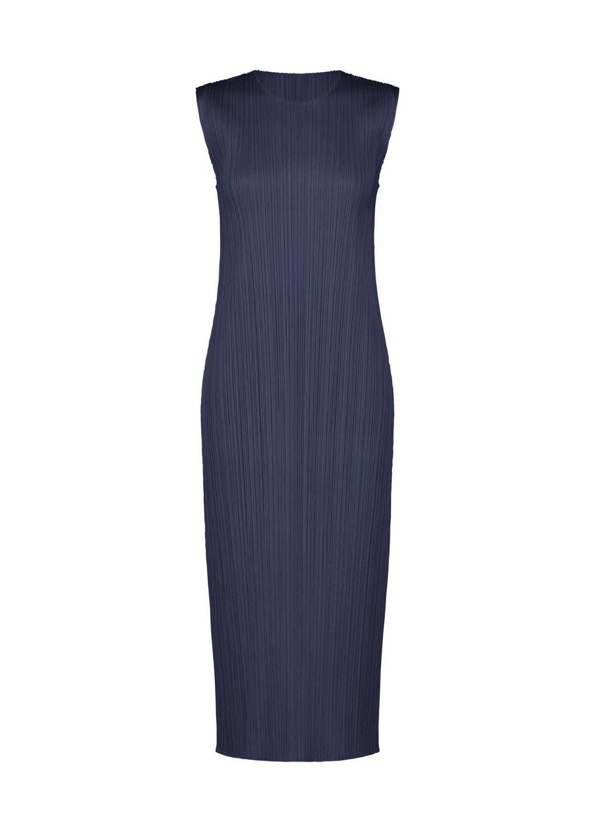 Sleeveless, navy blue, midi-length round-neck dress from PLEATS PLEASE ISSEY MIYAKE’s MONTHLY COLORS : SEPTEMBER collection—crafted in a distinctive vertical pleated texture and presented on a white background, this piece is designed in gentle tones that transition beautifully through the changing seasons. view 5 of 10