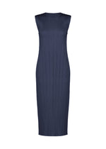Sleeveless, navy blue, midi-length round-neck dress from PLEATS PLEASE ISSEY MIYAKE’s MONTHLY COLORS : SEPTEMBER collection—crafted in a distinctive vertical pleated texture and presented on a white background, this piece is designed in gentle tones that transition beautifully through the changing seasons. - NAVY BLUE （no.76）