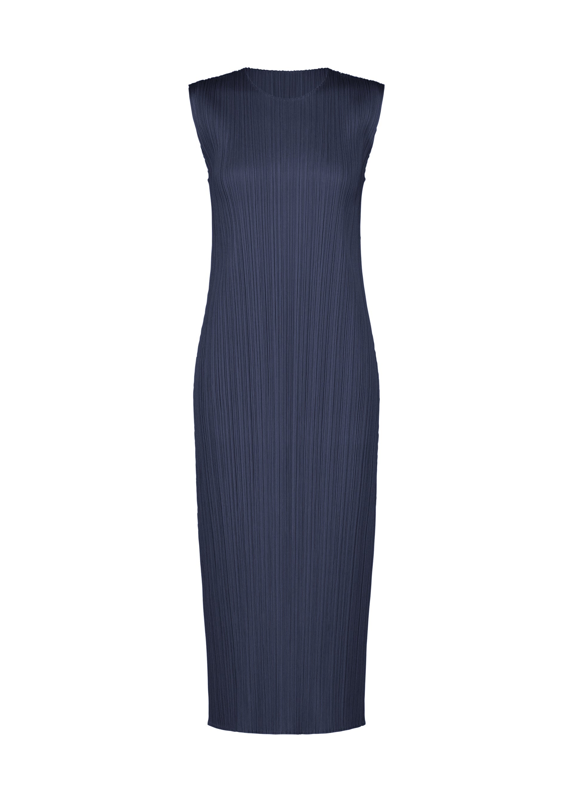 Zoomed view Sleeveless, navy blue, midi-length round-neck dress from PLEATS PLEASE ISSEY MIYAKE’s MONTHLY COLORS : SEPTEMBER collection—crafted in a distinctive vertical pleated texture and presented on a white background, this piece is designed in gentle tones that transition beautifully through the changing seasons. - NAVY BLUE （no.76）