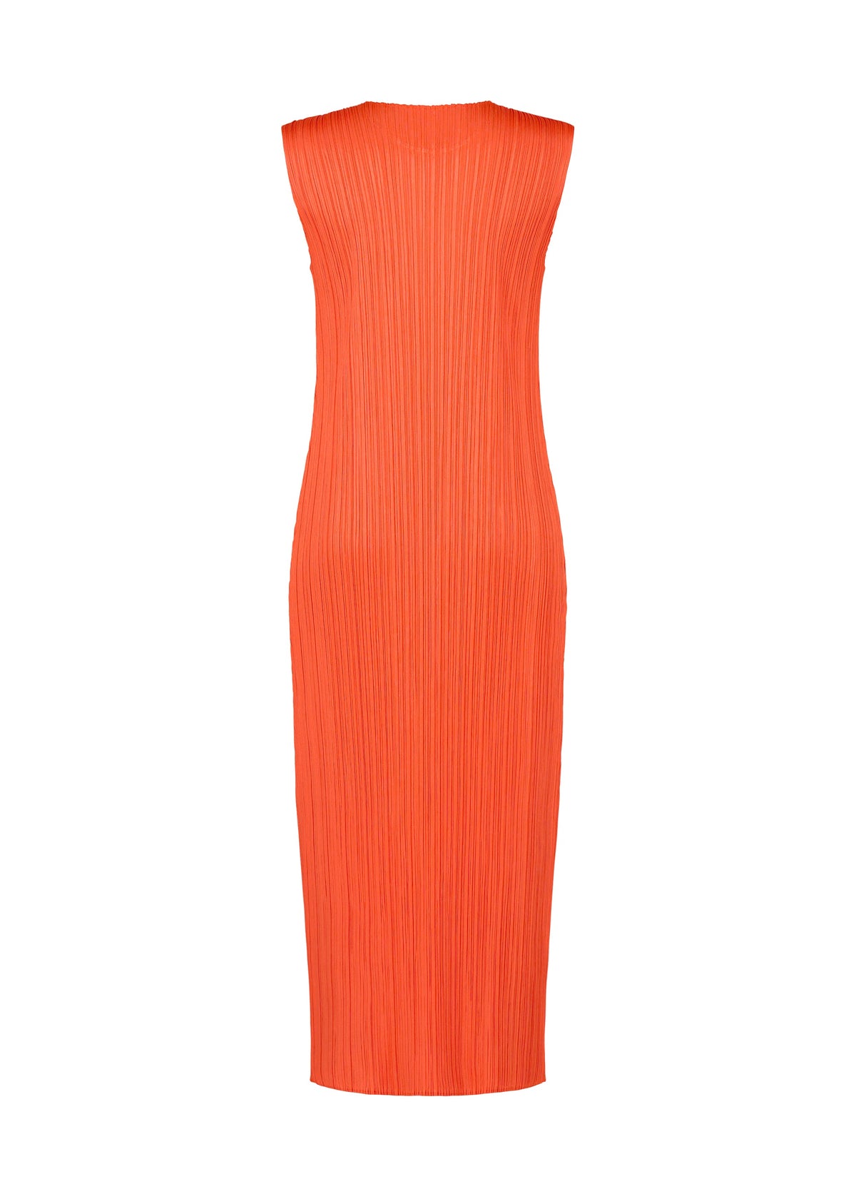 The MONTHLY COLORS : SEPTEMBER dress by PLEATS PLEASE ISSEY MIYAKE features a sleeveless, fitted silhouette in ankle length with pleated texture and soft orange tones, displayed on a white background—an ideal piece for stylishly welcoming the changing seasons. view 6 of 10