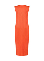 The MONTHLY COLORS : SEPTEMBER dress by PLEATS PLEASE ISSEY MIYAKE features a sleeveless, fitted silhouette in ankle length with pleated texture and soft orange tones, displayed on a white background—an ideal piece for stylishly welcoming the changing seasons.