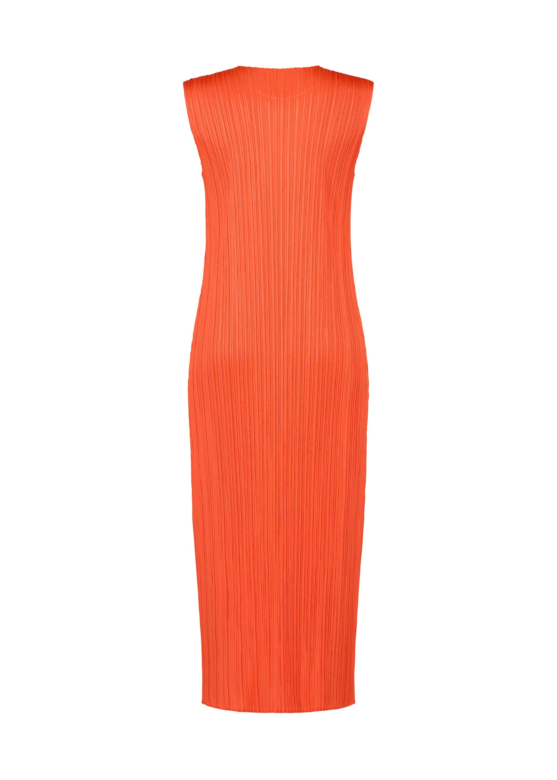 Zoomed view The MONTHLY COLORS : SEPTEMBER dress by PLEATS PLEASE ISSEY MIYAKE features a sleeveless, fitted silhouette in ankle length with pleated texture and soft orange tones, displayed on a white background—an ideal piece for stylishly welcoming the changing seasons.