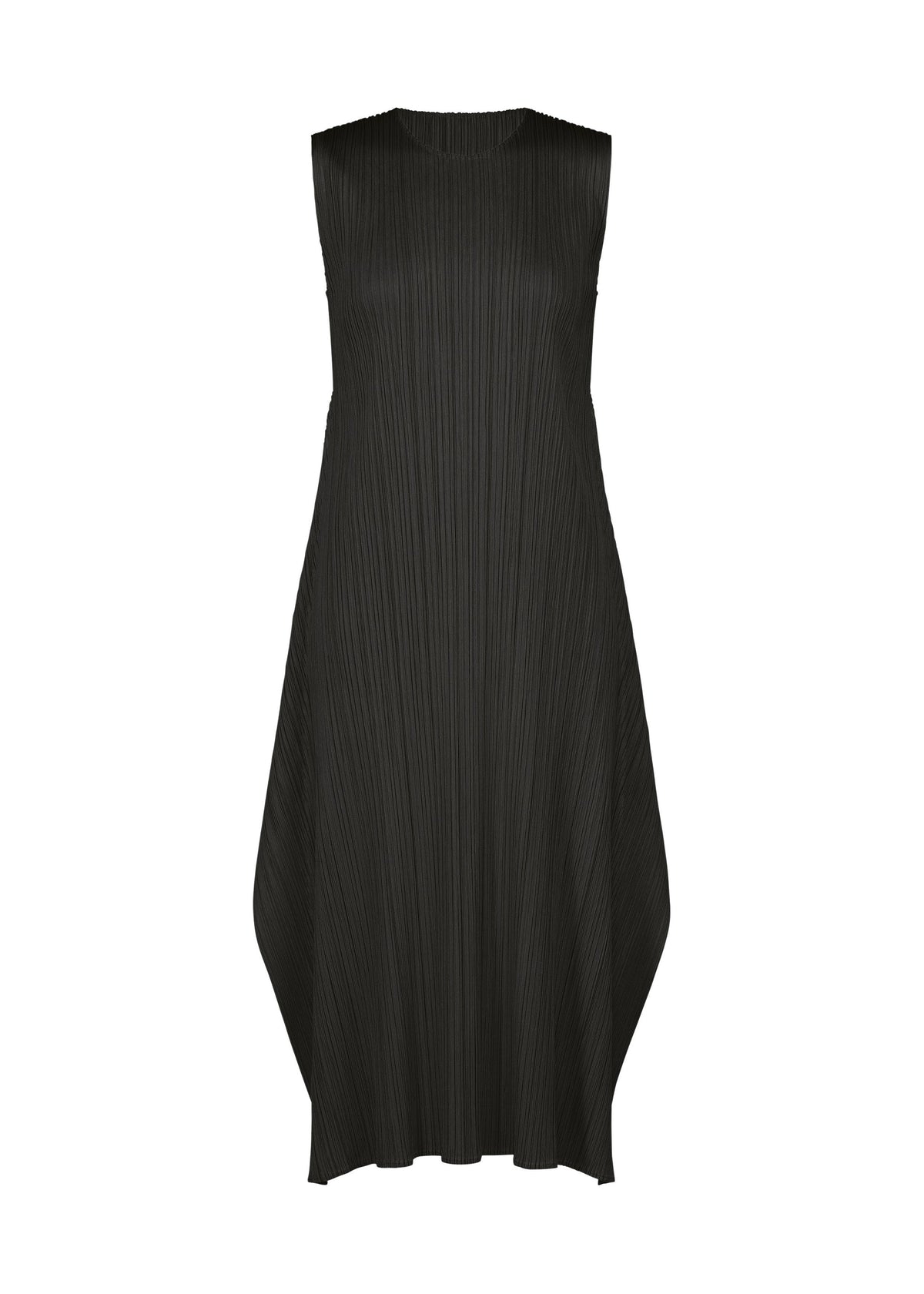 The MONTHLY COLORS : SEPTEMBER dress by PLEATS PLEASE ISSEY MIYAKE is a sleeveless black design ideal for the season, featuring a high neckline, A-line silhouette with vertical pleats, and an asymmetrical hem. Crafted from fabric with a textured, slightly shiny finish, this dress is presented against a plain white background. view 2 of 11
