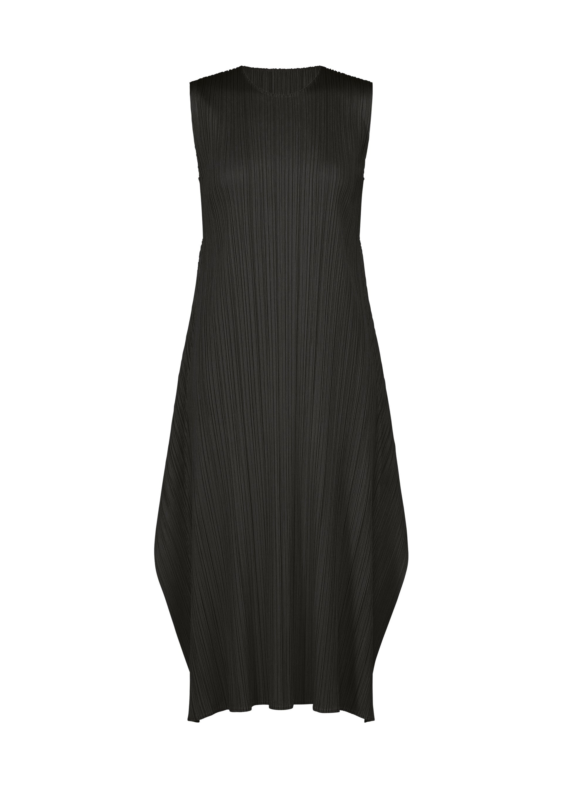 Zoomed view The MONTHLY COLORS : SEPTEMBER dress by PLEATS PLEASE ISSEY MIYAKE is a sleeveless black design ideal for the season, featuring a high neckline, A-line silhouette with vertical pleats, and an asymmetrical hem. Crafted from fabric with a textured, slightly shiny finish, this dress is presented against a plain white background. - BLACK （no.15）