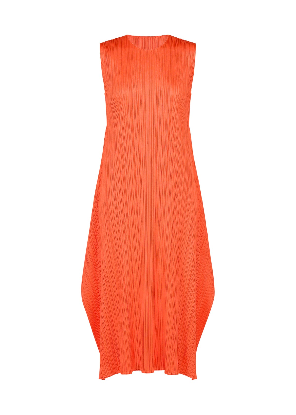 Presented against a white background, the PLEATS PLEASE ISSEY MIYAKE MONTHLY COLORS : SEPTEMBER dress is a sleeveless orange pleated midi featuring a loose, A-line silhouette with angular sides and a round neckline—making it the perfect flared dress for any occasion this season. view 11 of 11