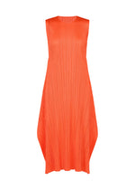 Presented against a white background, the PLEATS PLEASE ISSEY MIYAKE MONTHLY COLORS : SEPTEMBER dress is a sleeveless orange pleated midi featuring a loose, A-line silhouette with angular sides and a round neckline—making it the perfect flared dress for any occasion this season. - ORANGE （no.32）