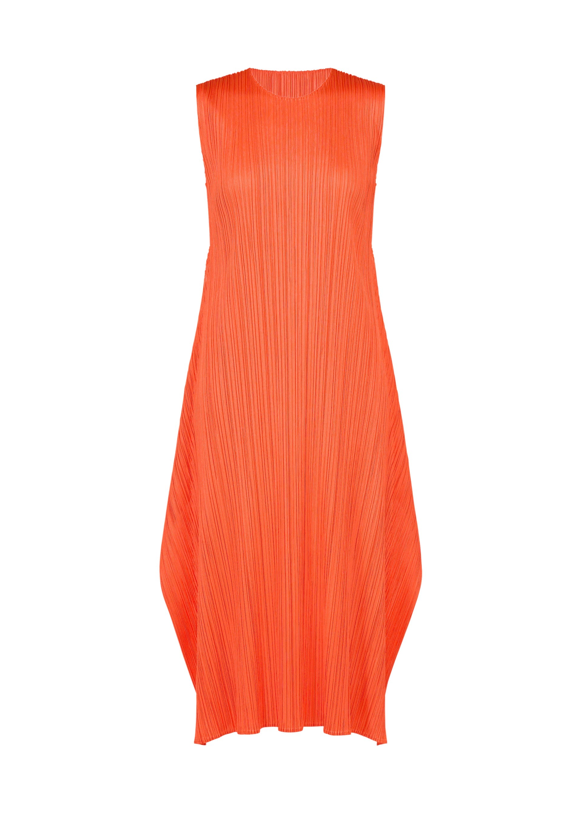 Zoomed view Presented against a white background, the PLEATS PLEASE ISSEY MIYAKE MONTHLY COLORS : SEPTEMBER dress is a sleeveless orange pleated midi featuring a loose, A-line silhouette with angular sides and a round neckline—making it the perfect flared dress for any occasion this season. - ORANGE （no.32）