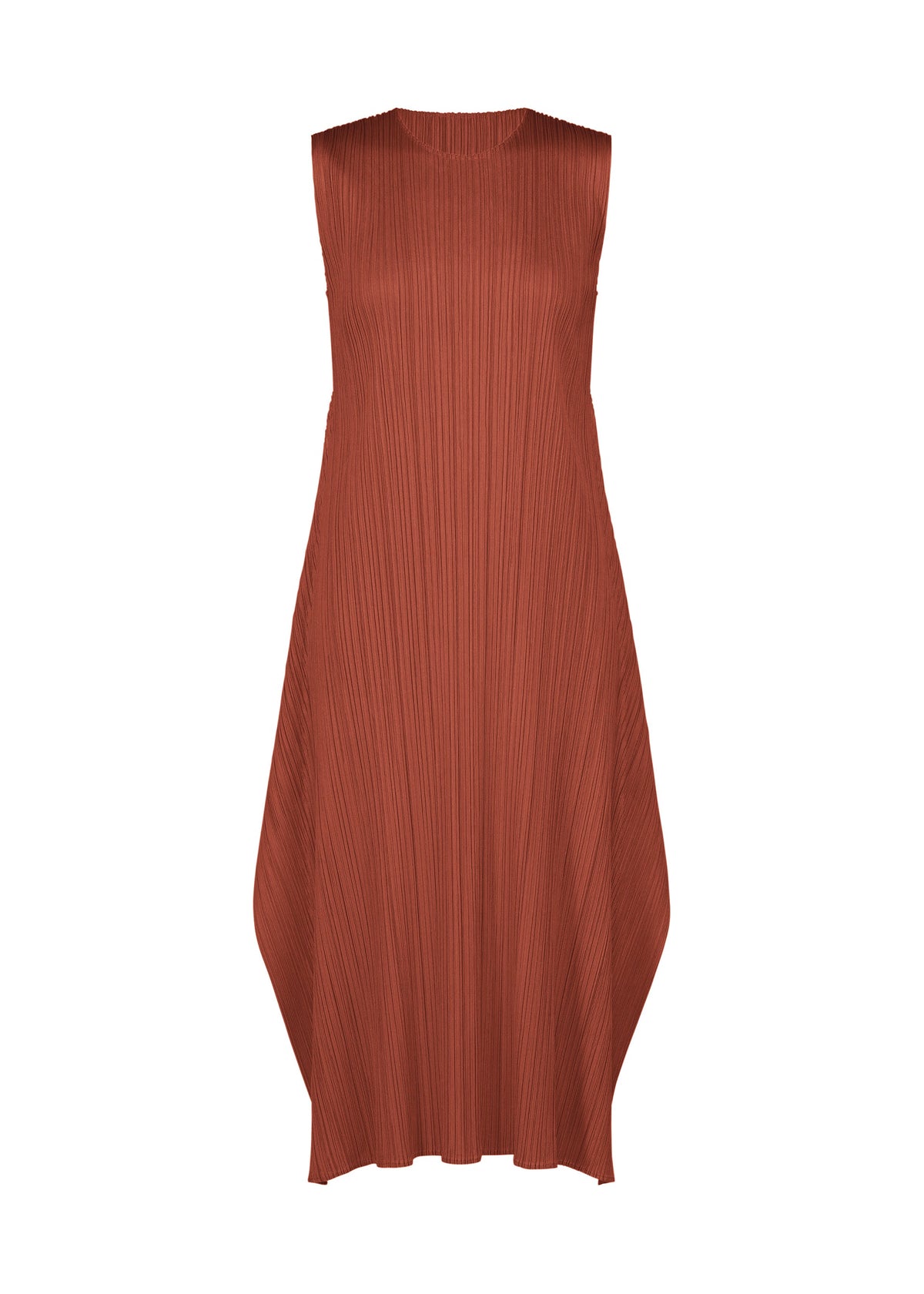 The MONTHLY COLORS : SEPTEMBER dress from PLEATS PLEASE ISSEY MIYAKE is a sleeveless, rust-colored seasonal piece featuring a loose fit and signature pleated texture. Designed with an asymmetric hemline for a flowing, relaxed silhouette, this round-neck flared dress is shown against a plain white background. view 1 of 11