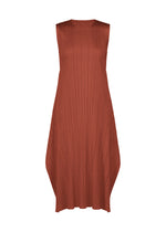 The MONTHLY COLORS : SEPTEMBER dress from PLEATS PLEASE ISSEY MIYAKE is a sleeveless, rust-colored seasonal piece featuring a loose fit and signature pleated texture. Designed with an asymmetric hemline for a flowing, relaxed silhouette, this round-neck flared dress is shown against a plain white background. - RED BROWN （no.49）