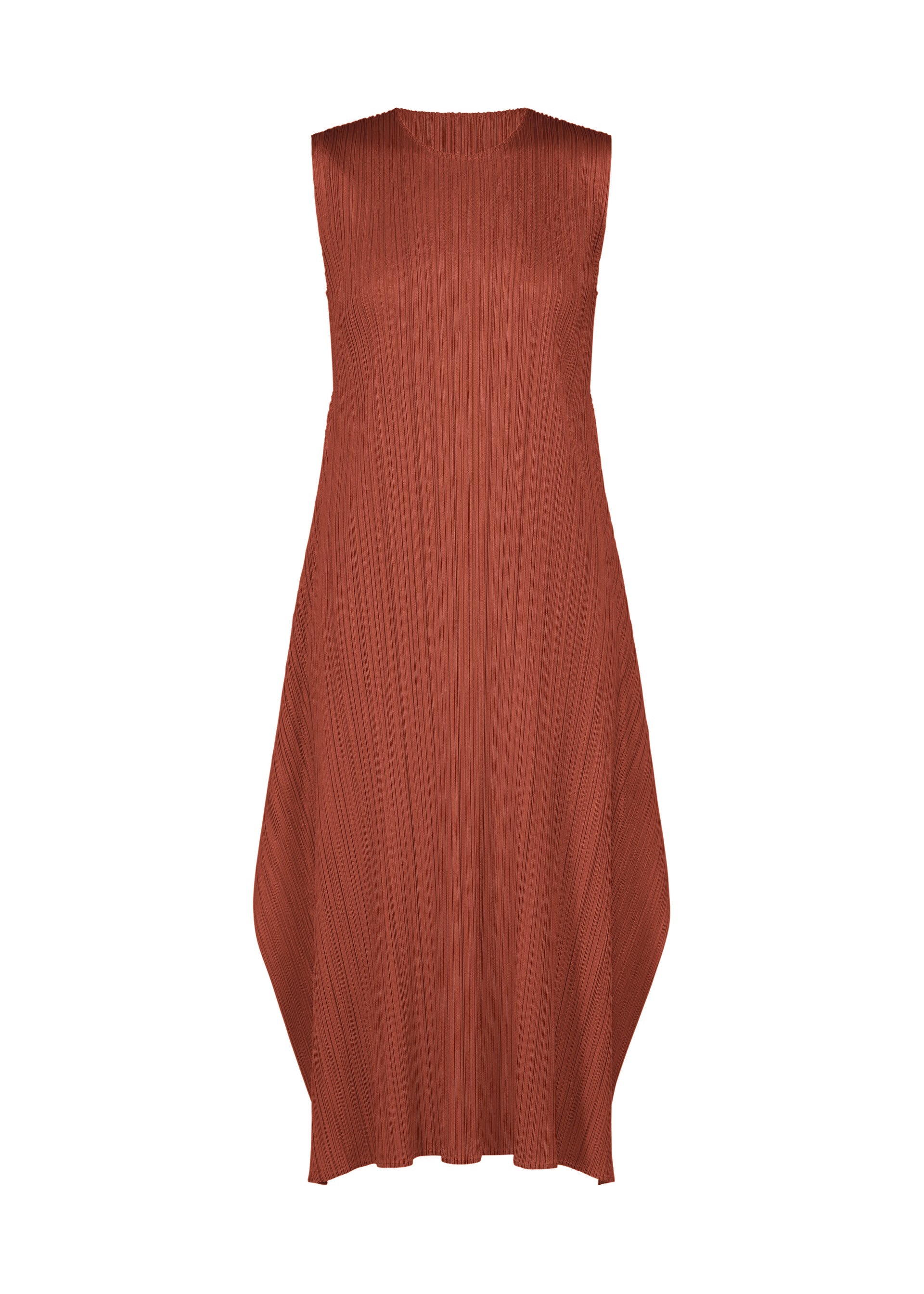Zoomed view The MONTHLY COLORS : SEPTEMBER dress from PLEATS PLEASE ISSEY MIYAKE is a sleeveless, rust-colored seasonal piece featuring a loose fit and signature pleated texture. Designed with an asymmetric hemline for a flowing, relaxed silhouette, this round-neck flared dress is shown against a plain white background. - RED BROWN （no.49）
