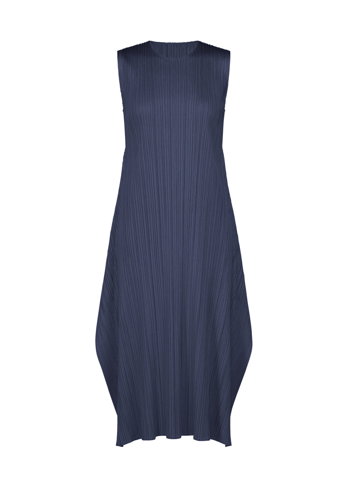 MONTHLY COLORS : SEPTEMBER navy blue sleeveless round-neck flared dress by PLEATS PLEASE ISSEY MIYAKE, designed with vertical pleats, an asymmetrical hemline, and a loose, flowing silhouette, displayed on a white background. view 3 of 11