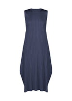 MONTHLY COLORS : SEPTEMBER navy blue sleeveless round-neck flared dress by PLEATS PLEASE ISSEY MIYAKE, designed with vertical pleats, an asymmetrical hemline, and a loose, flowing silhouette, displayed on a white background. - NAVY BLUE （no.76）