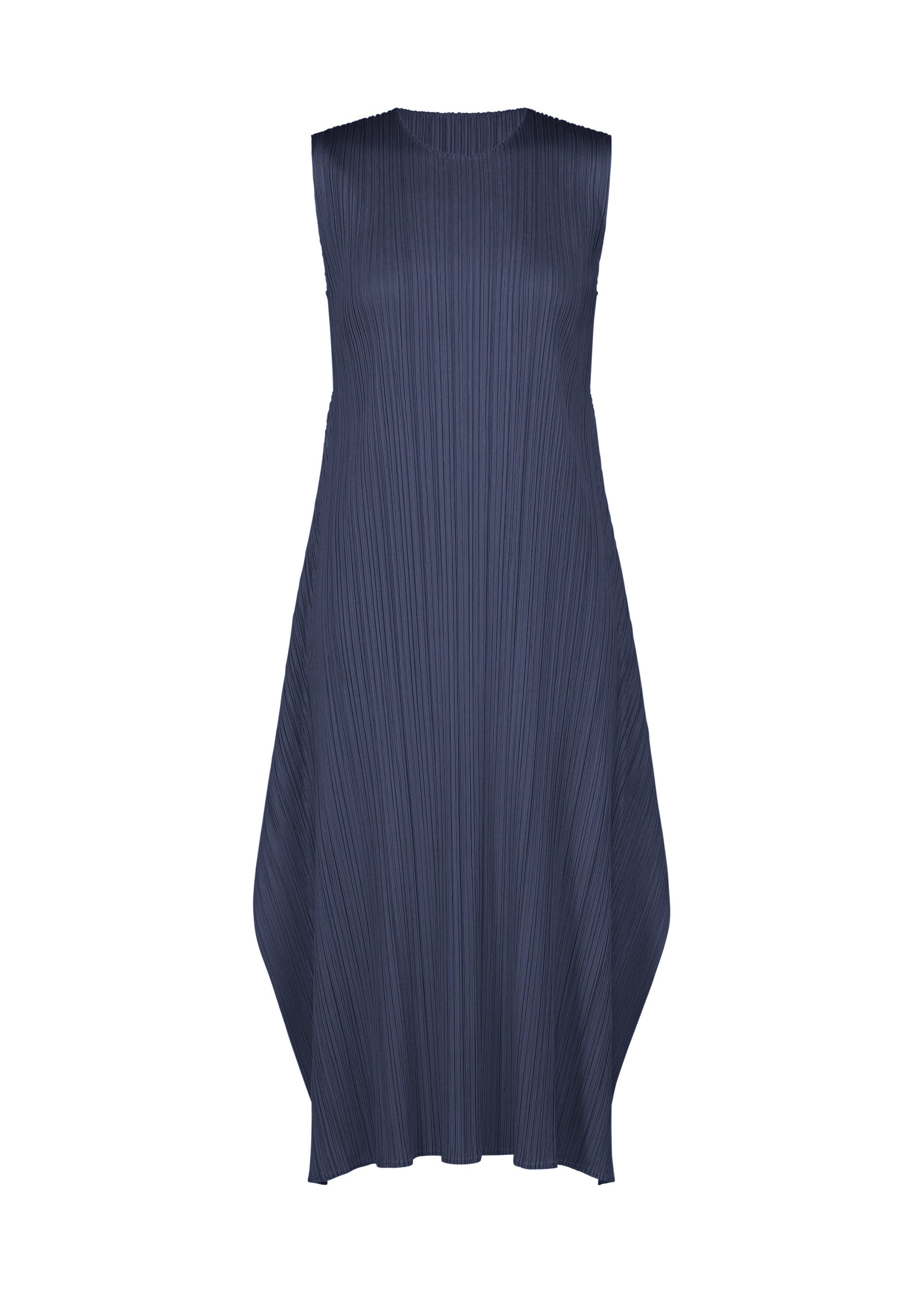 Zoomed view MONTHLY COLORS : SEPTEMBER navy blue sleeveless round-neck flared dress by PLEATS PLEASE ISSEY MIYAKE, designed with vertical pleats, an asymmetrical hemline, and a loose, flowing silhouette, displayed on a white background. - NAVY BLUE （no.76）