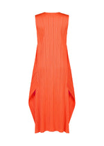 Showcased against a plain white background, the PLEATS PLEASE ISSEY MIYAKE MONTHLY COLORS : SEPTEMBER dress features a sleeveless design in bright orange with signature pleats, a round neckline, and a loose, draped silhouette—perfectly blending comfort and distinctive seasonal style.