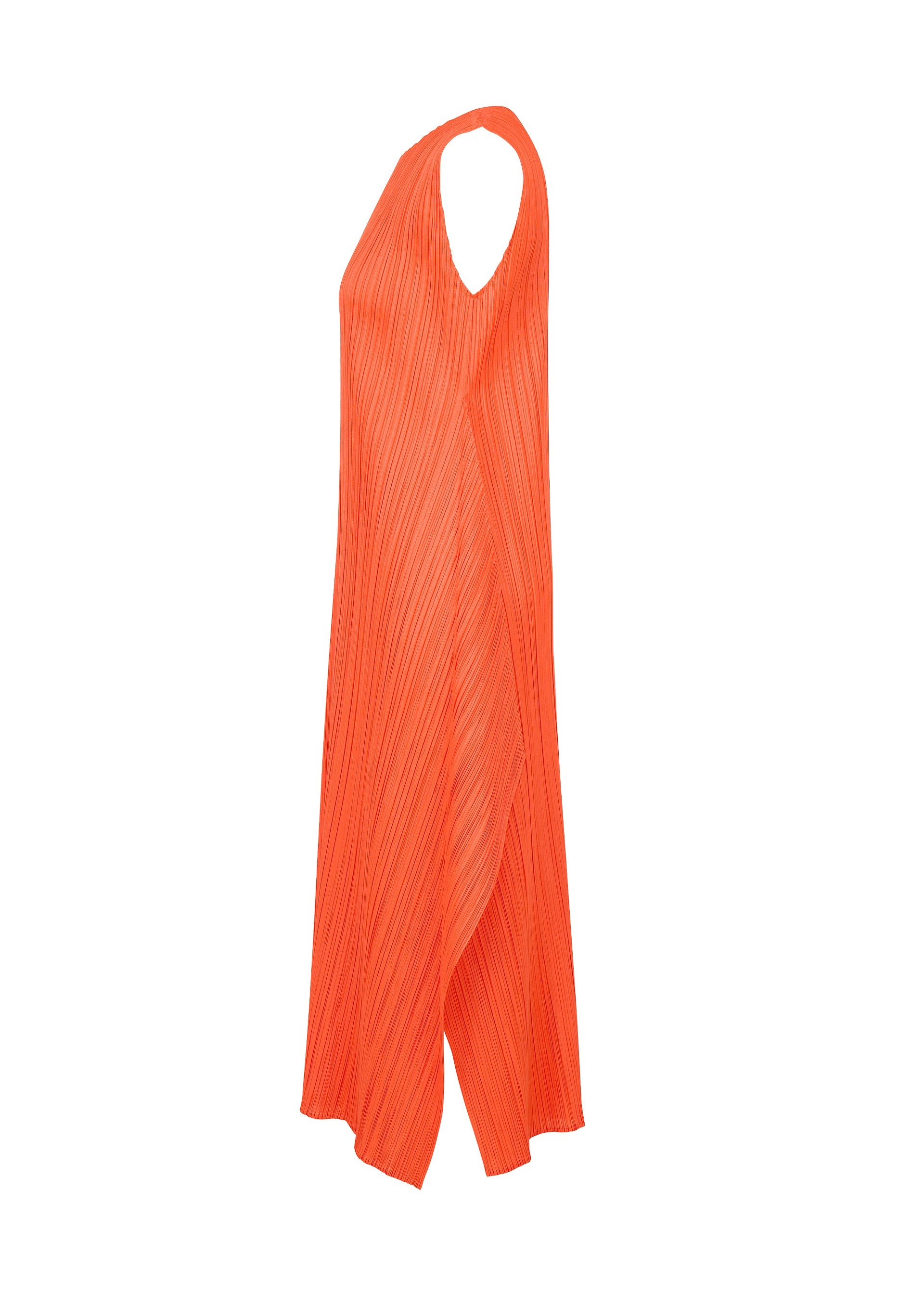 Zoomed view Sleeveless, bright orange round-neck flared dress with pleated texture, asymmetric hem, and draped design from PLEATS PLEASE ISSEY MIYAKE’s “MONTHLY COLORS : SEPTEMBER” collection, displayed on a white background.