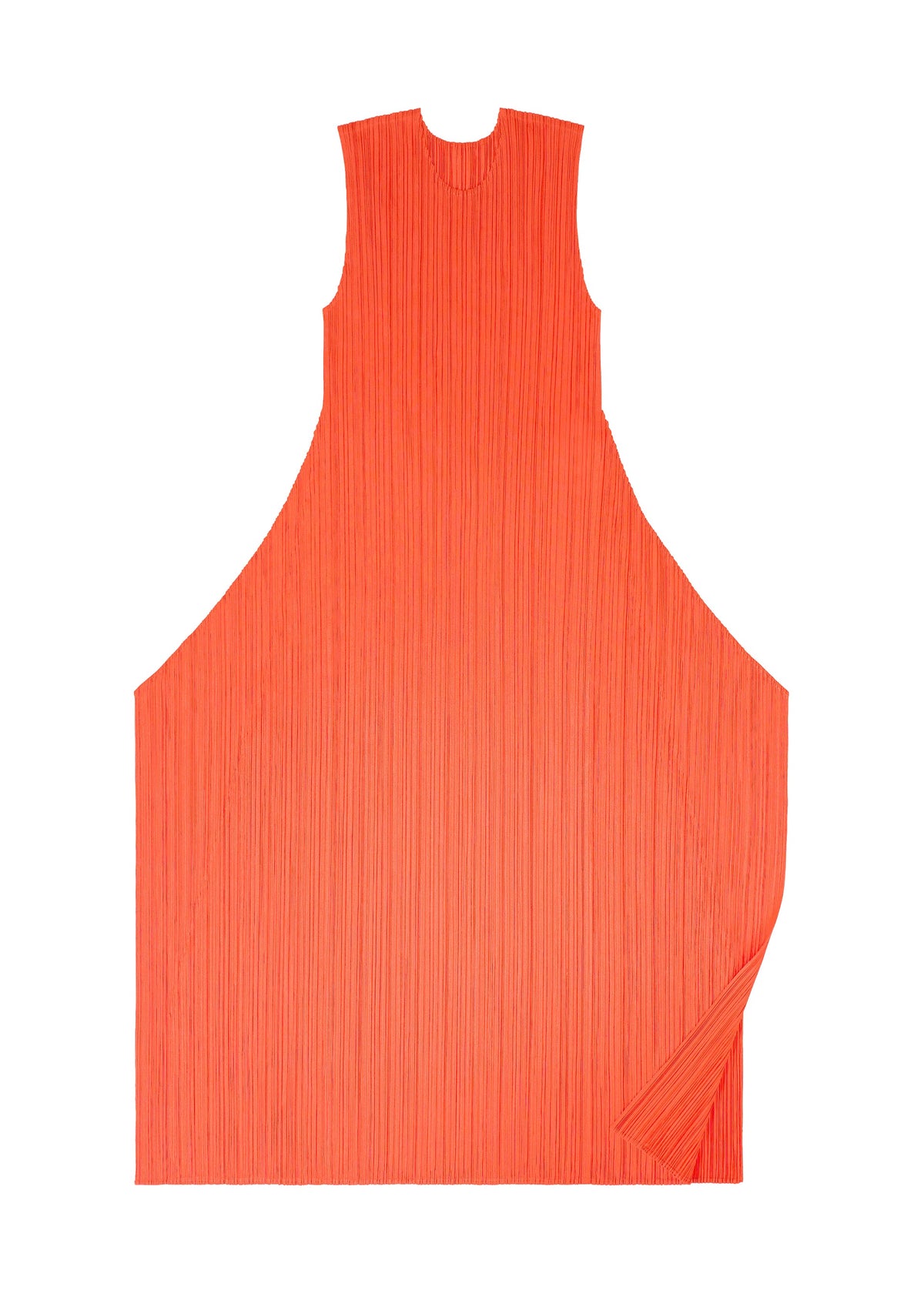 A sleeveless, bright orange pleated flared dress called “MONTHLY COLORS : SEPTEMBER” from PLEATS PLEASE ISSEY MIYAKE, featuring a round neckline and a wide silhouette, displayed flat on a white background. view 6 of 11