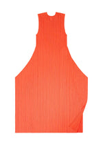 A sleeveless, bright orange pleated flared dress called “MONTHLY COLORS : SEPTEMBER” from PLEATS PLEASE ISSEY MIYAKE, featuring a round neckline and a wide silhouette, displayed flat on a white background.