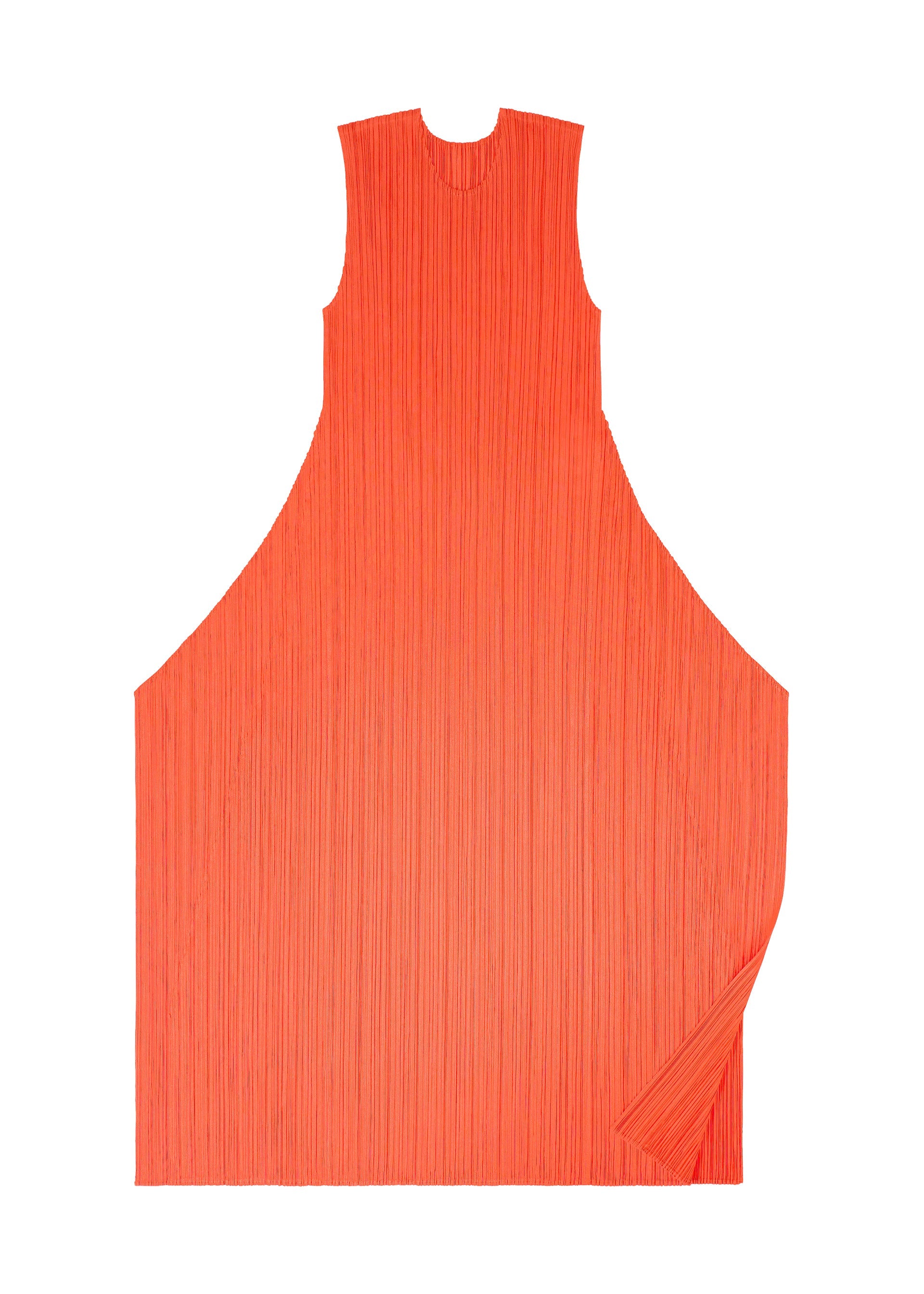 Zoomed view A sleeveless, bright orange pleated flared dress called “MONTHLY COLORS : SEPTEMBER” from PLEATS PLEASE ISSEY MIYAKE, featuring a round neckline and a wide silhouette, displayed flat on a white background.