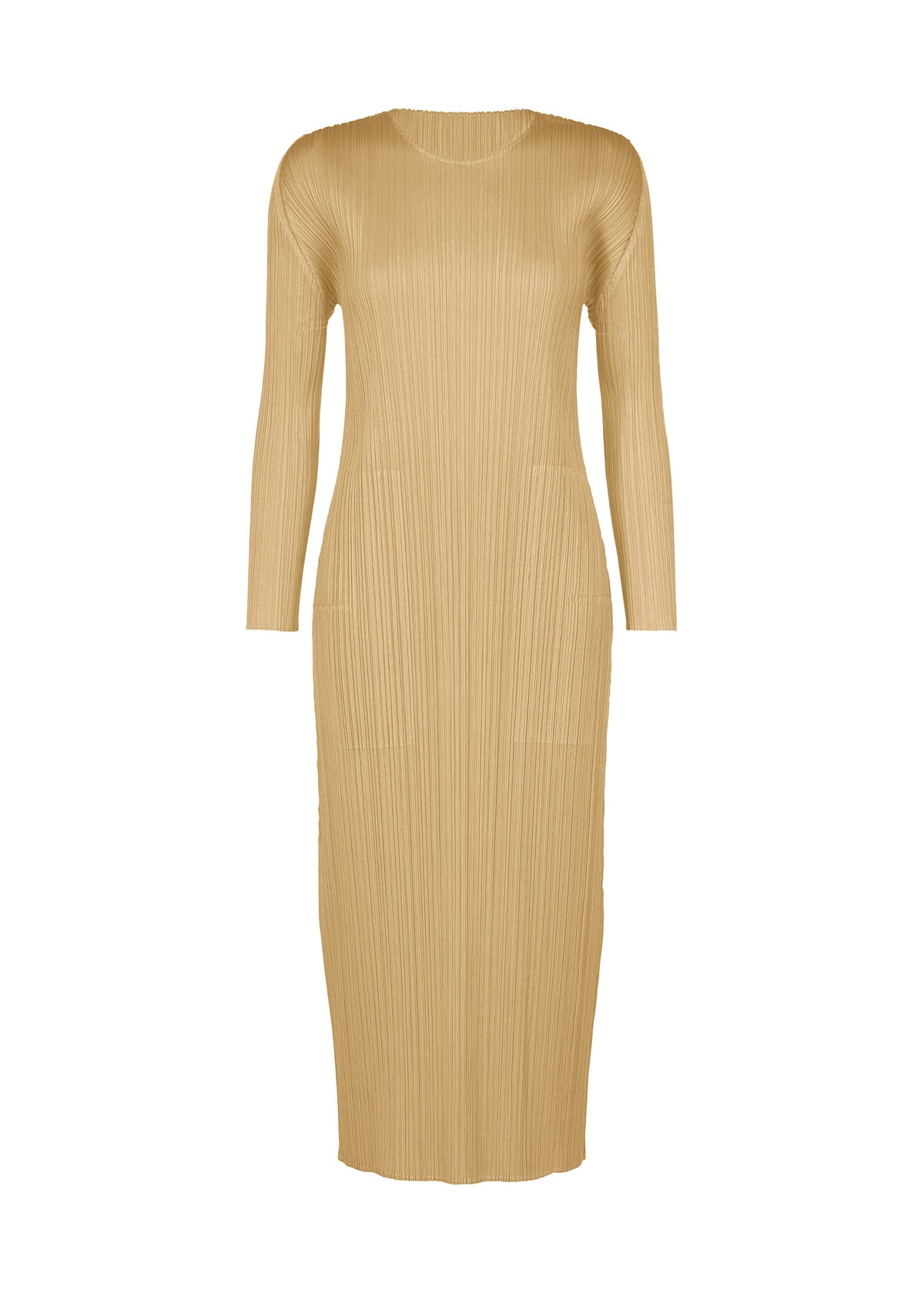 Zoomed view The MONTHLY COLORS : OCTOBER by PLEATS PLEASE ISSEY MIYAKE is a beige, long-sleeve ribbed midi dress with a fitted silhouette and round neckline, shown on a plain white background. - ASH BEIGE （no.43）