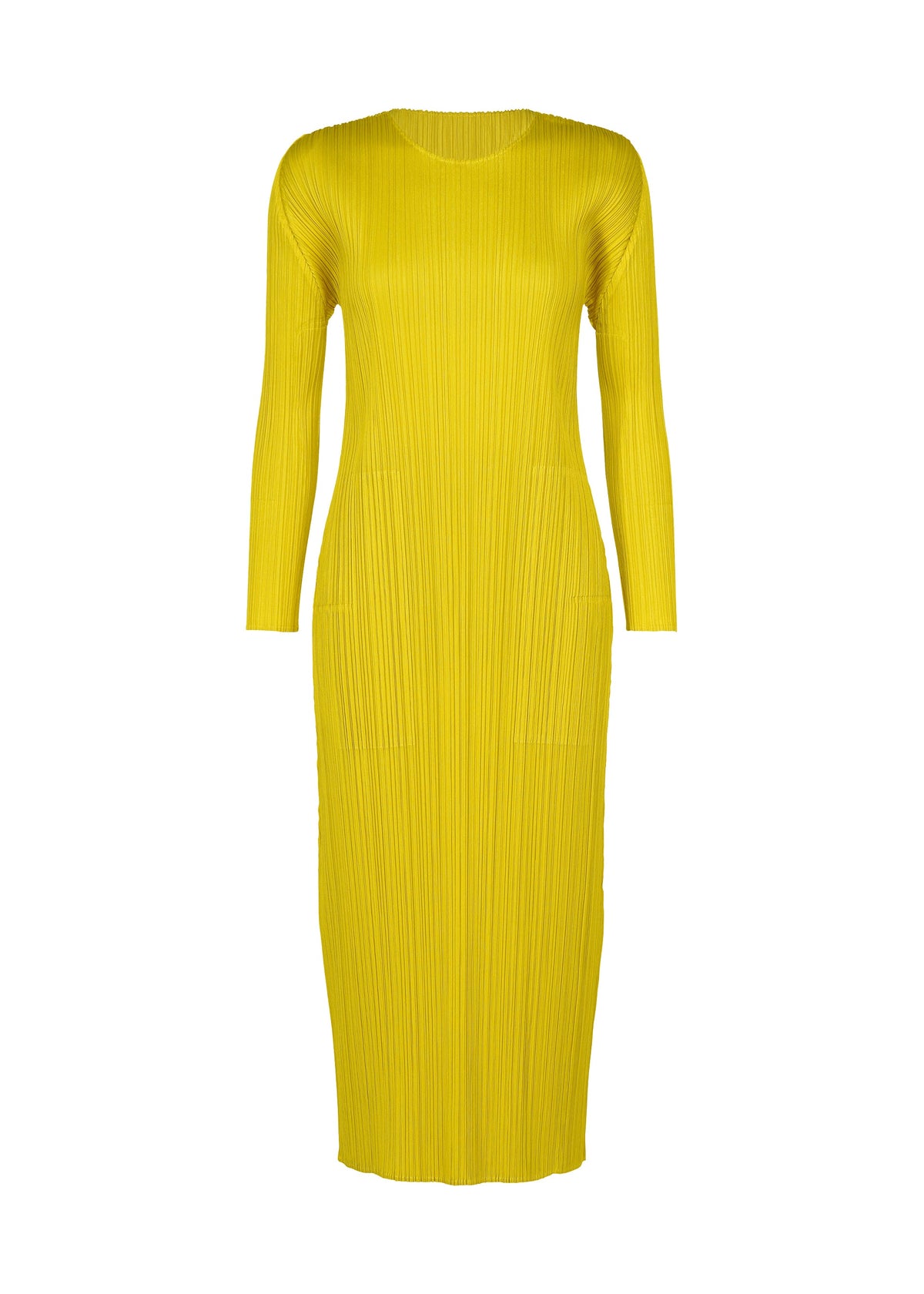 MONTHLY COLORS : OCTOBER by PLEATS PLEASE ISSEY MIYAKE—a yellow, long-sleeved, mid-length round-neck dress with a pleated texture, shown on a white background. view 2 of 9