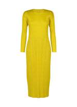 MONTHLY COLORS : OCTOBER by PLEATS PLEASE ISSEY MIYAKE—a yellow, long-sleeved, mid-length round-neck dress with a pleated texture, shown on a white background. - YELLOW OCHER （no.55）