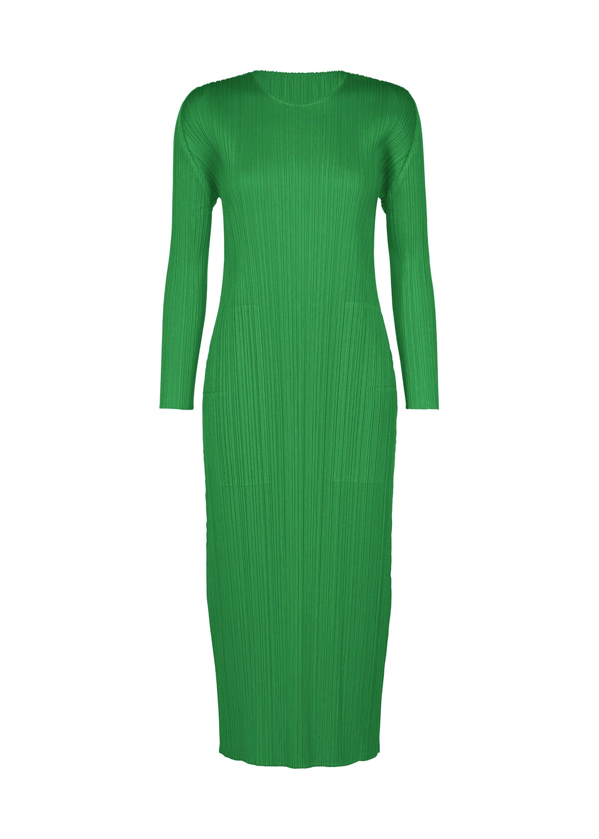 The MONTHLY COLORS : OCTOBER by PLEATS PLEASE ISSEY MIYAKE is a green, long-sleeved, ankle-length round-neck dress with a fitted silhouette and vertical pleats, shown on a plain white background. view 3 of 9