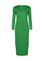 The MONTHLY COLORS : OCTOBER by PLEATS PLEASE ISSEY MIYAKE is a green, long-sleeved, ankle-length round-neck dress with a fitted silhouette and vertical pleats, shown on a plain white background. - GREEN （no.62）