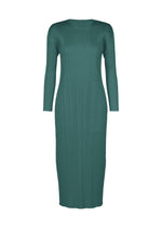 MONTHLY COLORS : OCTOBER by PLEATS PLEASE ISSEY MIYAKE—a teal, long-sleeved, ankle-length round-neck dress with vertical pleats and practical pockets, shown on a white background. - BLUE GREEN （no.64）