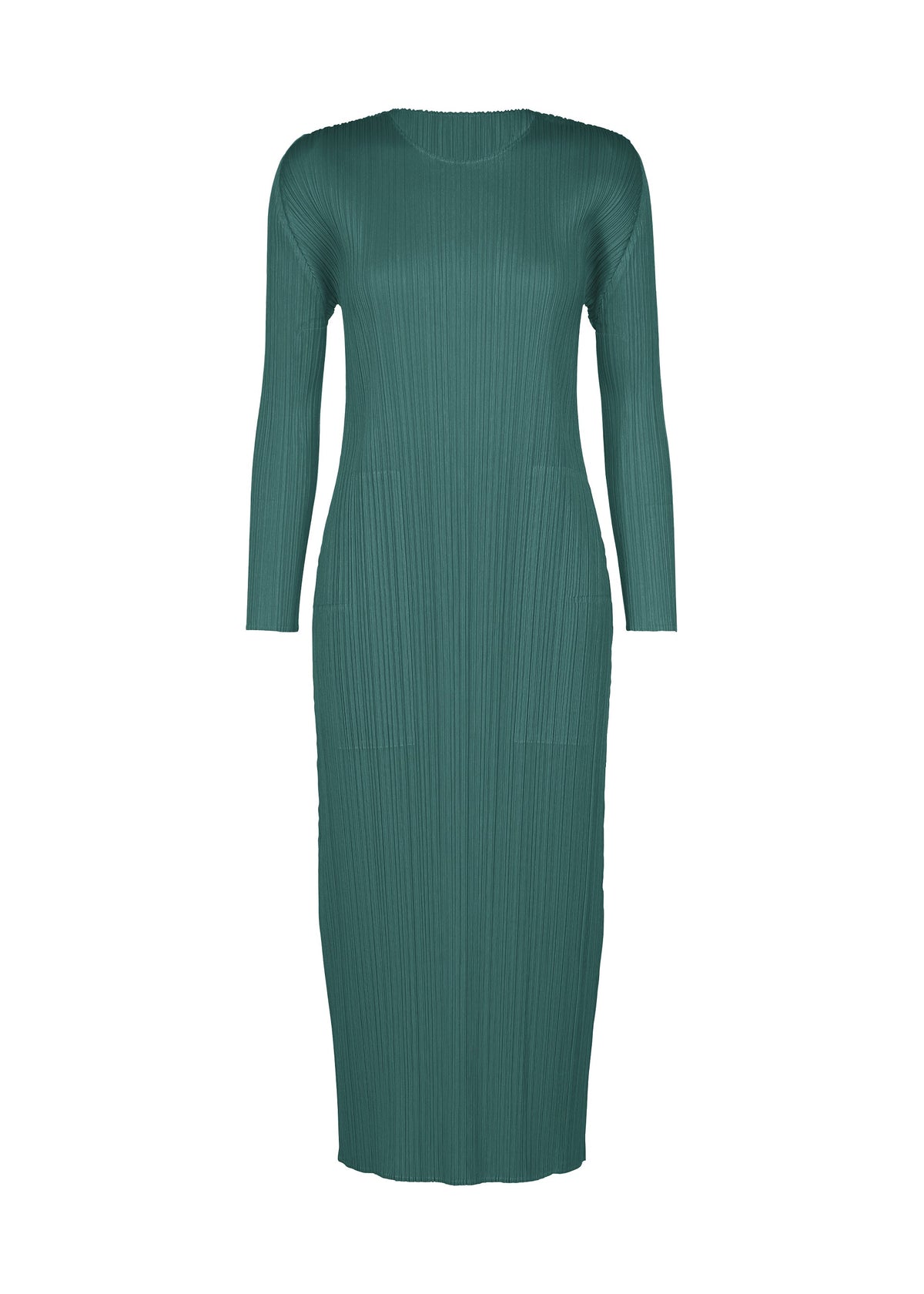 Zoomed view MONTHLY COLORS : OCTOBER by PLEATS PLEASE ISSEY MIYAKE—a teal, long-sleeved, ankle-length round-neck dress with vertical pleats and practical pockets, shown on a white background. - BLUE GREEN （no.64）