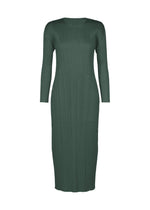 The MONTHLY COLORS : OCTOBER by PLEATS PLEASE ISSEY MIYAKE is a dark green, long-sleeved, ankle-length round-neck dress with pleated fabric and a fitted, unembellished silhouette. - DARK GREEN （no.69）