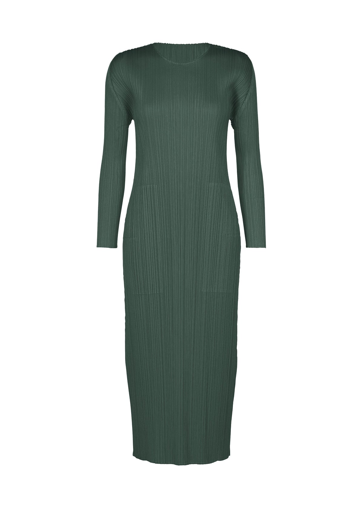 Zoomed view The MONTHLY COLORS : OCTOBER by PLEATS PLEASE ISSEY MIYAKE is a dark green, long-sleeved, ankle-length round-neck dress with pleated fabric and a fitted, unembellished silhouette. - DARK GREEN （no.69）