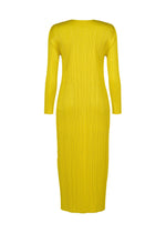 The back view of the MONTHLY COLORS : OCTOBER by PLEATS PLEASE ISSEY MIYAKE shows a yellow, long-sleeved, ankle-length pleated dress with a round neck and fitted silhouette, free from visible fastenings or embellishments.
