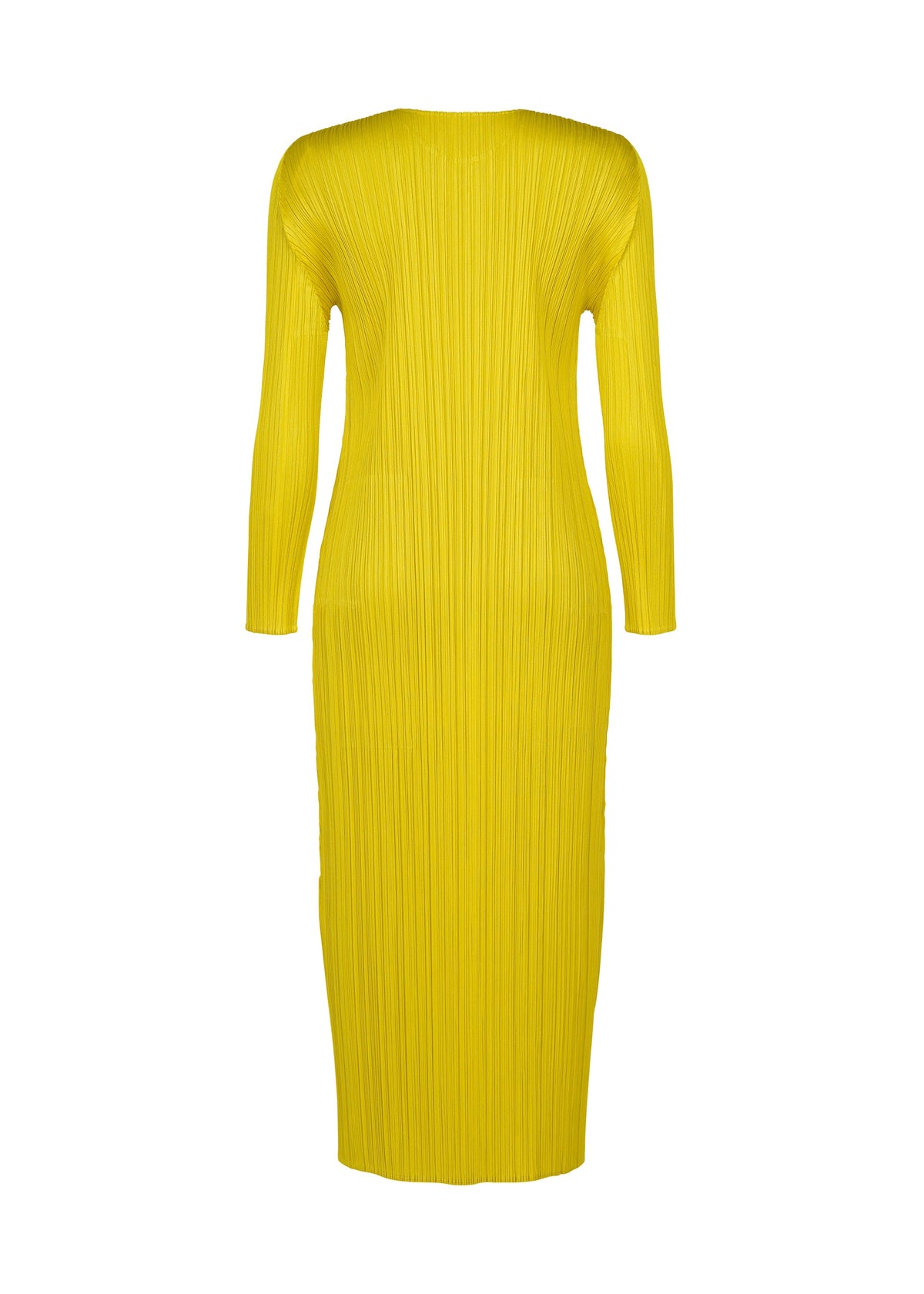 Zoomed view The back view of the MONTHLY COLORS : OCTOBER by PLEATS PLEASE ISSEY MIYAKE shows a yellow, long-sleeved, ankle-length pleated dress with a round neck and fitted silhouette, free from visible fastenings or embellishments.