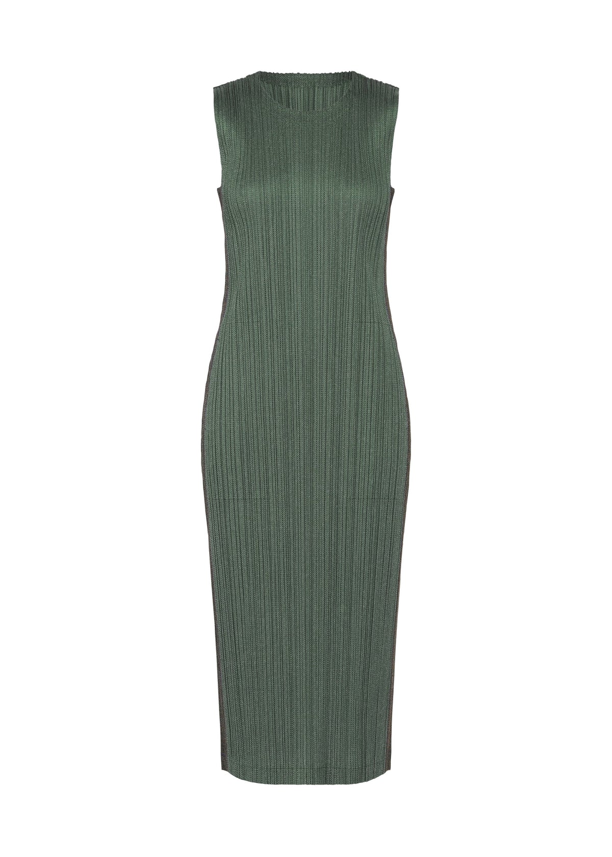 COTTON DENIM by PLEATS PLEASE ISSEY MIYAKE: Sleeveless, knee-length olive green ribbed knit cotton dress with a fitted silhouette and round neckline, shown on a plain white background. view 1 of 8