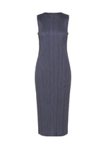 Sleeveless, fitted, ribbed COTTON DENIM dress by PLEATS PLEASE ISSEY MIYAKE with a crew neckline in grey, shown on a plain white background. - NAVY BLUE （no.76）