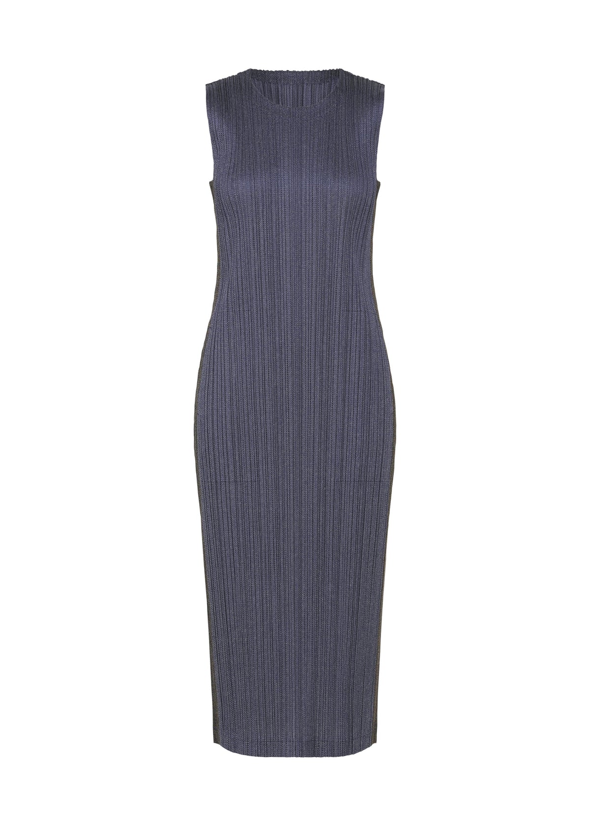 Zoomed view Sleeveless, fitted, ribbed COTTON DENIM dress by PLEATS PLEASE ISSEY MIYAKE with a crew neckline in grey, shown on a plain white background. - NAVY BLUE （no.76）