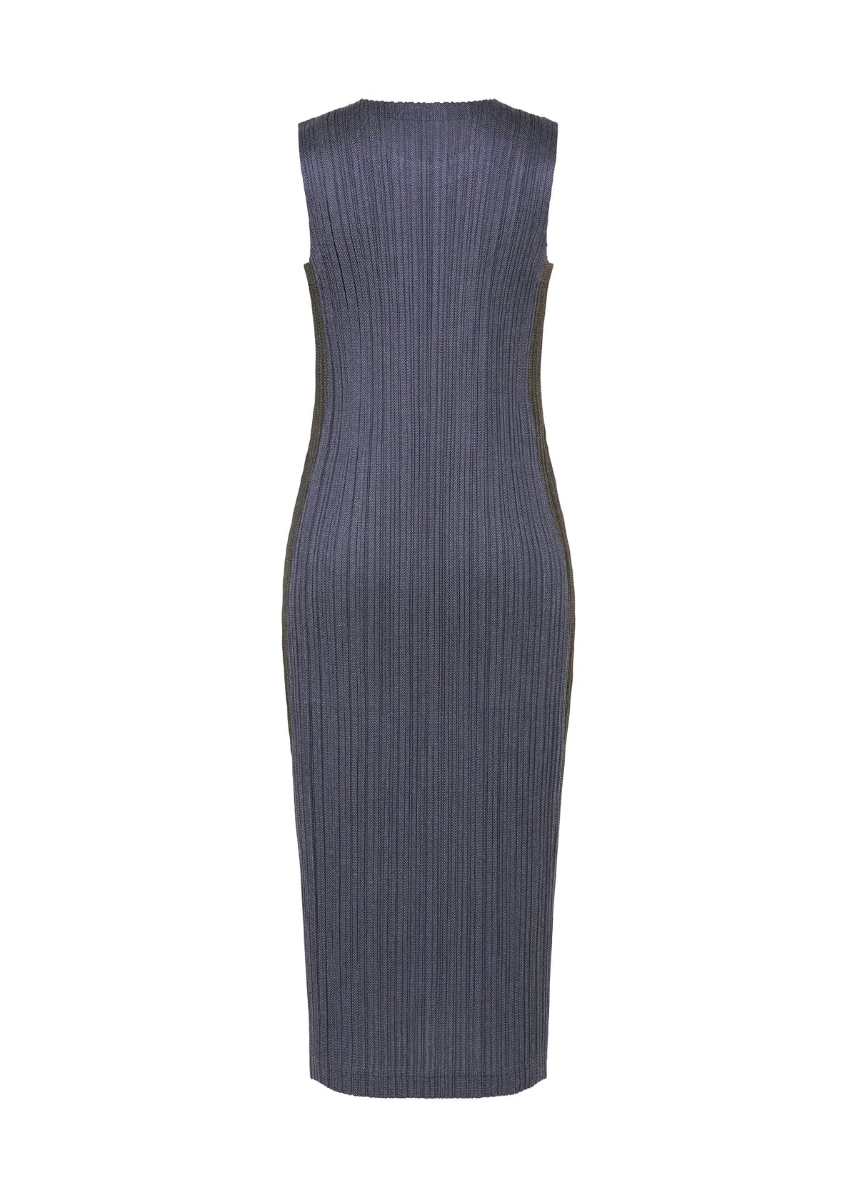 Sleeveless, ribbed dark gray COTTON DENIM dress by PLEATS PLEASE ISSEY MIYAKE shown from the back, featuring a fitted silhouette and round neckline. view 3 of 8