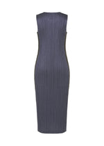 Sleeveless, ribbed dark gray COTTON DENIM dress by PLEATS PLEASE ISSEY MIYAKE shown from the back, featuring a fitted silhouette and round neckline.