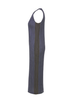 SLEEVELESS COTTON DENIM dress by PLEATS PLEASE ISSEY MIYAKE in blue-gray ribbed knit with a vertical olive-green side stripe, shown in profile against a white background.