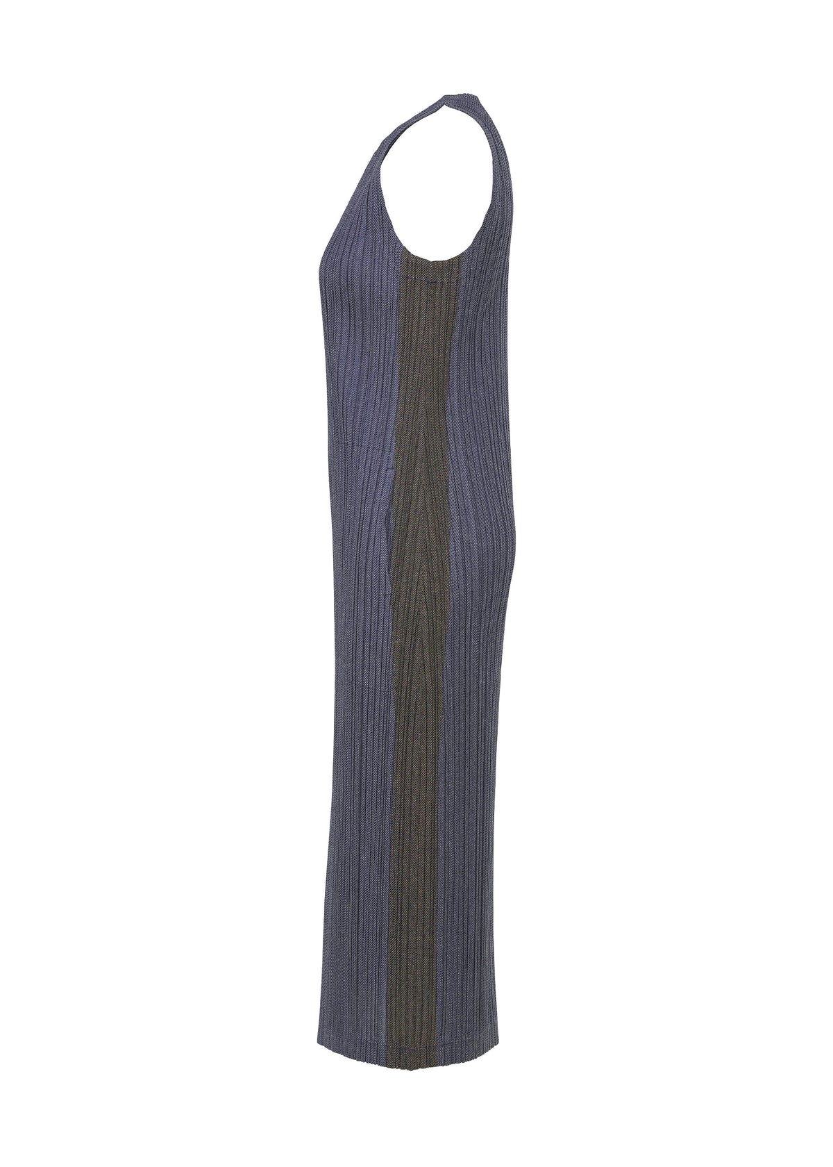 Zoomed view SLEEVELESS COTTON DENIM dress by PLEATS PLEASE ISSEY MIYAKE in blue-gray ribbed knit with a vertical olive-green side stripe, shown in profile against a white background.