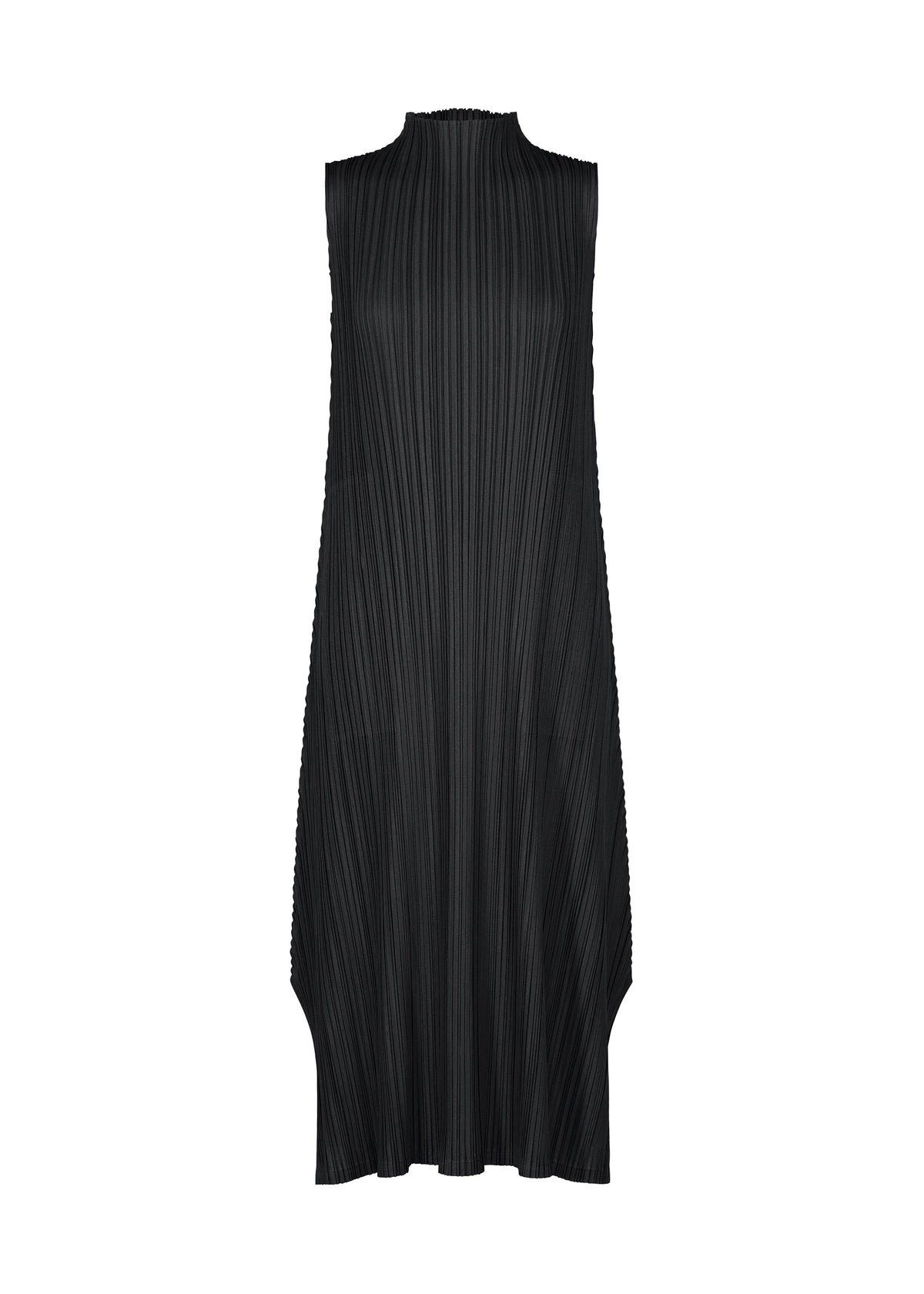 MELLOW PLEATS midi dress by PLEATS PLEASE ISSEY MIYAKE, featuring a sleeveless high-neck design and vertical pleats, elegantly displayed on a white background. view 1 of 9