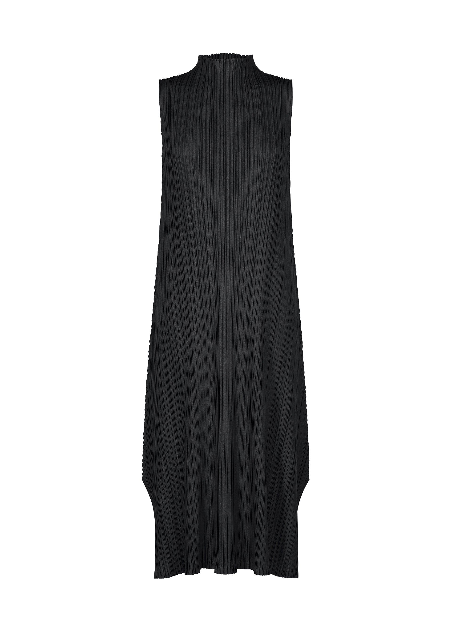 Zoomed view MELLOW PLEATS midi dress by PLEATS PLEASE ISSEY MIYAKE, featuring a sleeveless high-neck design and vertical pleats, elegantly displayed on a white background. - BLACK （no.15）
