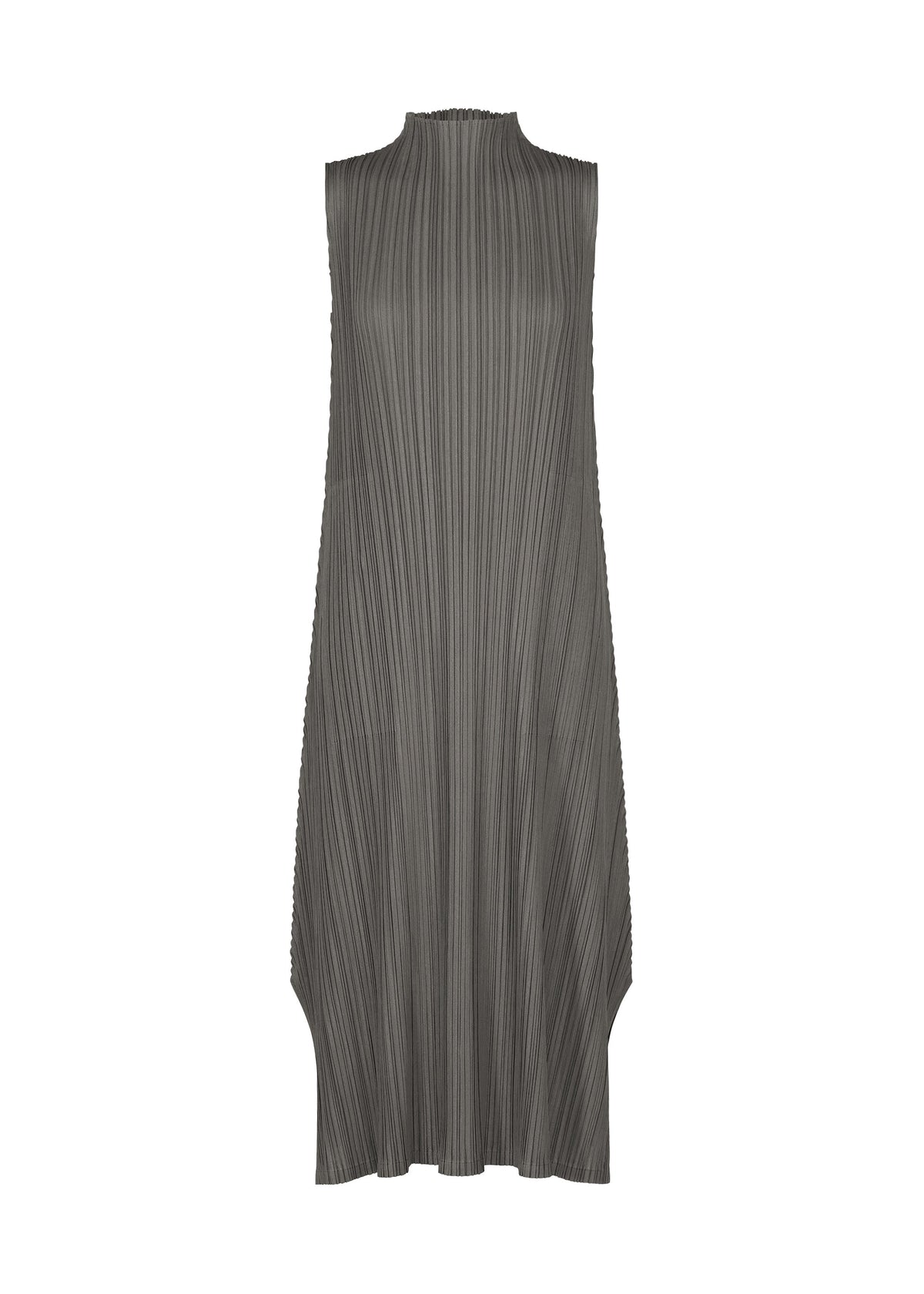 The MELLOW PLEATS dress by PLEATS PLEASE ISSEY MIYAKE is a sleeveless, high-neck, knee-length design in charcoal gray, featuring a loose fit and distinctive vertical pleated texture, shown against a plain white background. view 2 of 9