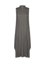 The MELLOW PLEATS dress by PLEATS PLEASE ISSEY MIYAKE is a sleeveless, high-neck, knee-length design in charcoal gray, featuring a loose fit and distinctive vertical pleated texture, shown against a plain white background. - CHARCOAL （no.17）