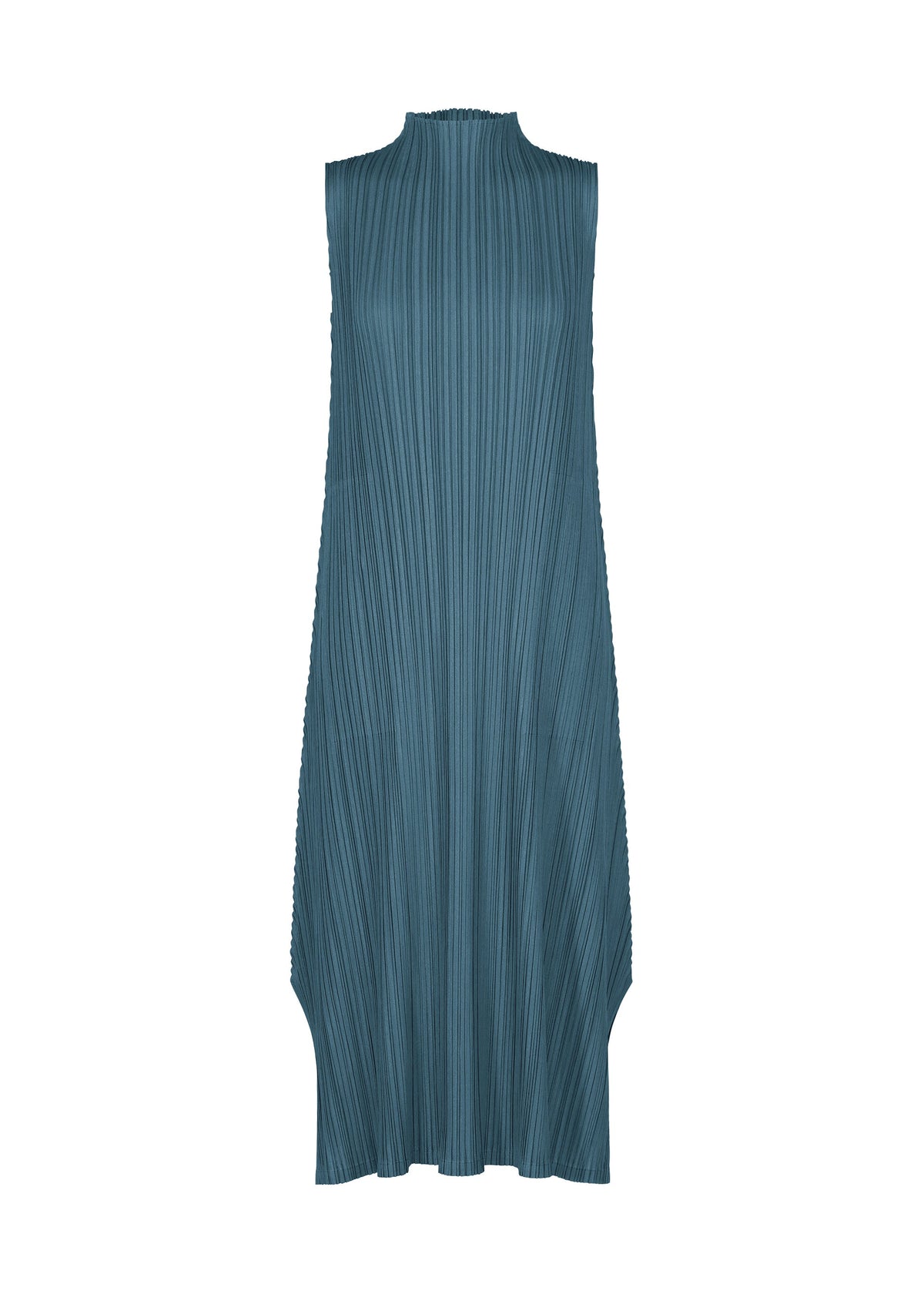 MELLOW PLEATS by PLEATS PLEASE ISSEY MIYAKE is a sleeveless teal high-neck dress with elegant pleats and an asymmetrical hem, displayed on a plain white background. view 3 of 9