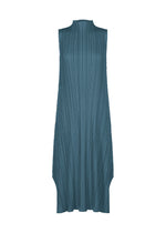 MELLOW PLEATS by PLEATS PLEASE ISSEY MIYAKE is a sleeveless teal high-neck dress with elegant pleats and an asymmetrical hem, displayed on a plain white background. - CERULEAN BLUE （no.53）