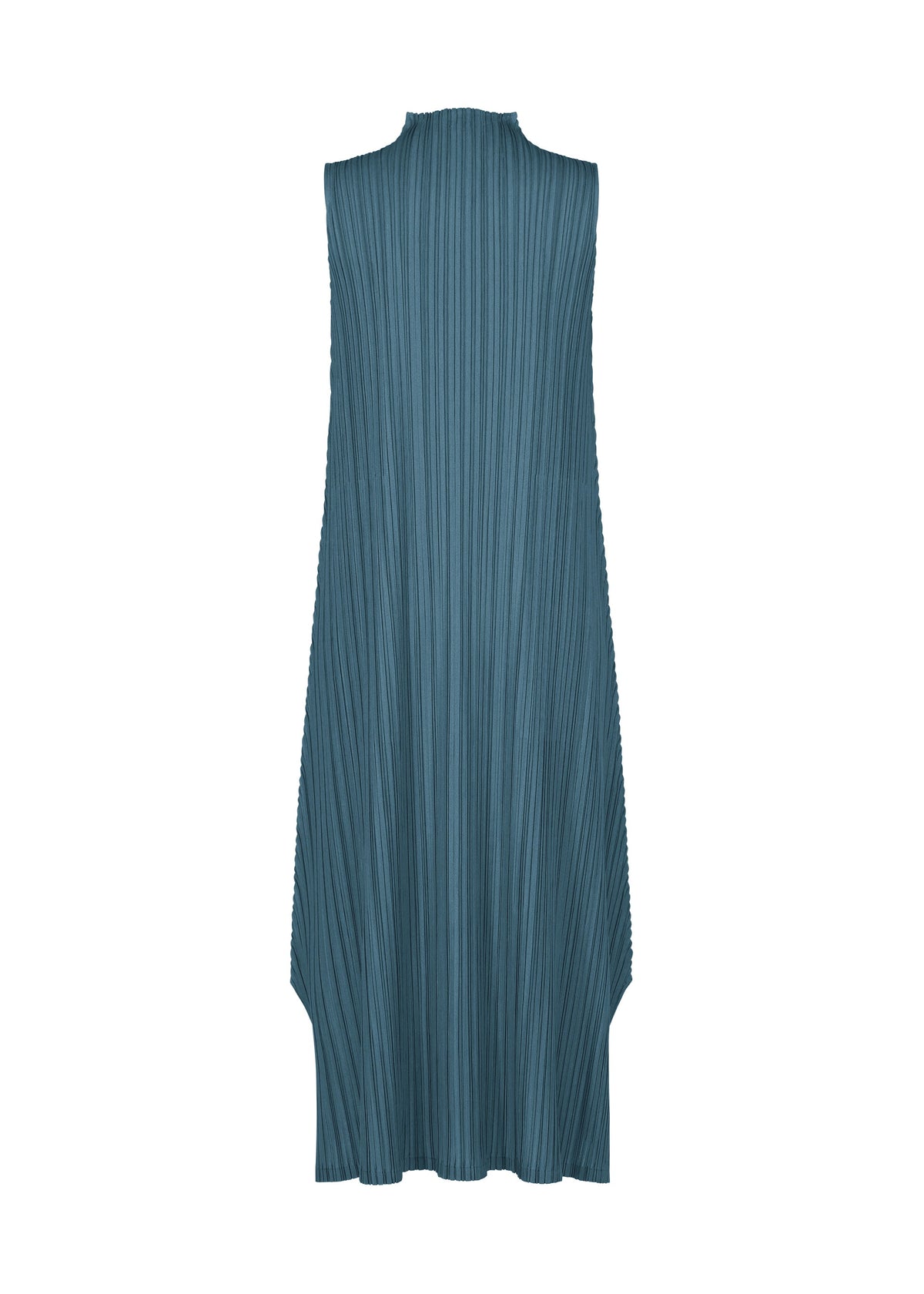 The MELLOW PLEATS dress by PLEATS PLEASE ISSEY MIYAKE is a sleeveless, teal high-neck style featuring vertical pleats and an asymmetrical hem, shown from the back against a white background. view 4 of 9