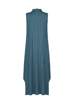 The MELLOW PLEATS dress by PLEATS PLEASE ISSEY MIYAKE is a sleeveless, teal high-neck style featuring vertical pleats and an asymmetrical hem, shown from the back against a white background.