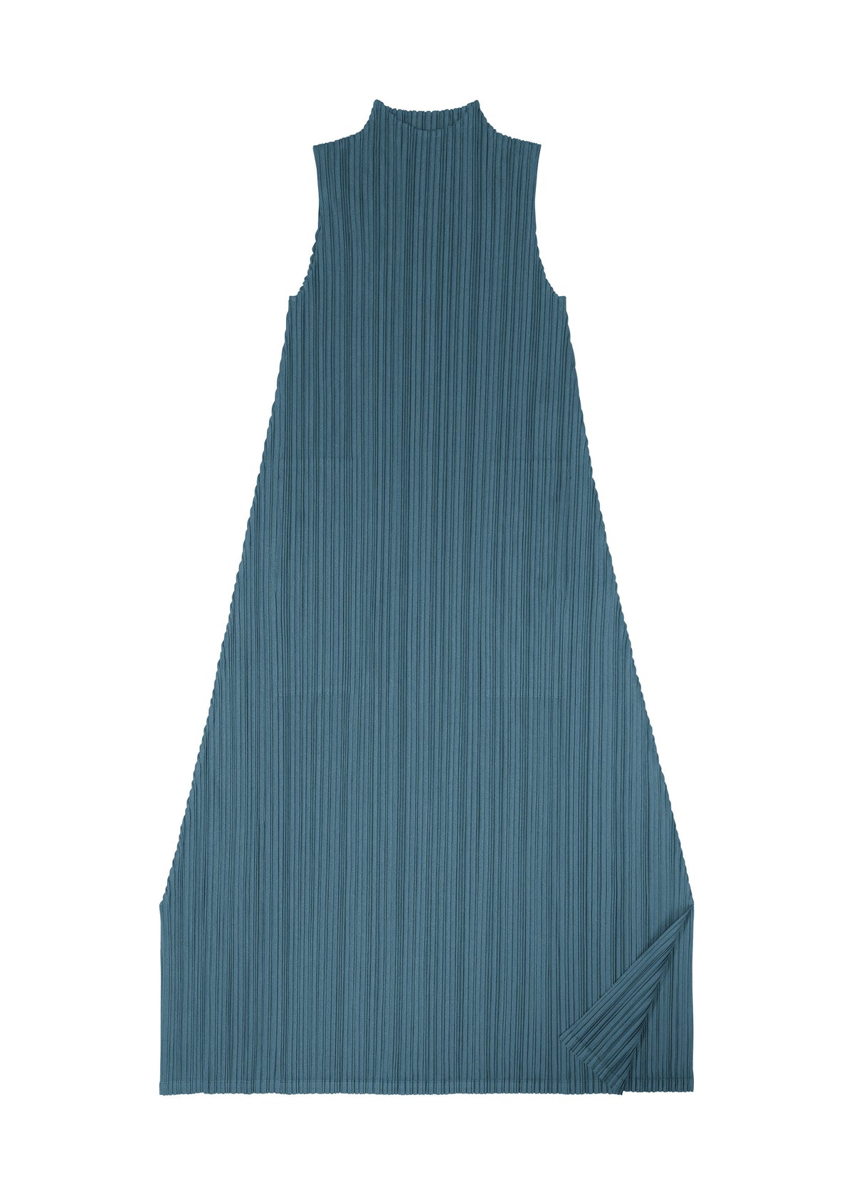 MELLOW PLEATS by PLEATS PLEASE ISSEY MIYAKE: A sleeveless, teal A-line dress with a high neckline and signature pleated fabric, laid flat on a white background. This elegant MELLOW PLEATS dress features the bottom right corner slightly folded upwards. view 5 of 9